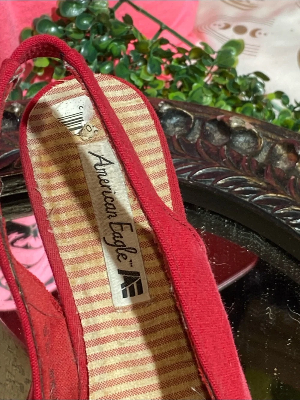 American Eagle Outfitters Red Slingback Wedge Sandals with Floral Accent